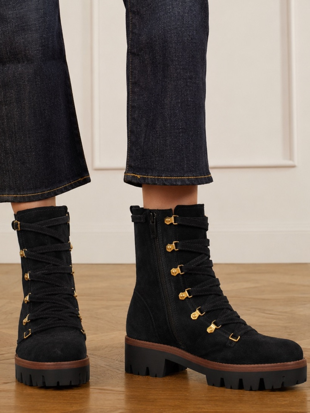 Jeffrey Campbell Stanley Black Suede Platform Lug Sole Moto Combat Hiking Boots